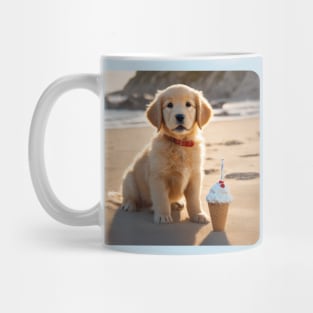 Cute Golden Retriever Puppy With Ice Cream Mug